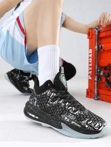 1雙運動耐磨男士競技星星圖案繫帶織物籃球鞋 - 黑色 - 查看 3