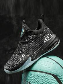 1雙運動耐磨男士競技星星圖案繫帶織物籃球鞋 - 黑色 - 查看 6