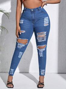 SHEIN SXY 大碼高腰破洞緊身牛仔褲 - 中等水洗藍 - 查看 1