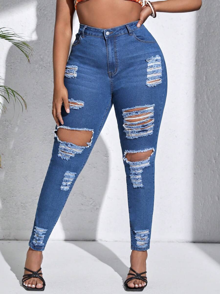 SHEIN SXY 大碼高腰破洞緊身牛仔褲 - 中等水洗藍 - 查看 1