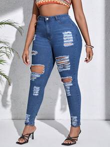 SHEIN SXY 大碼高腰破洞緊身牛仔褲 - 中等水洗藍 - 查看 4
