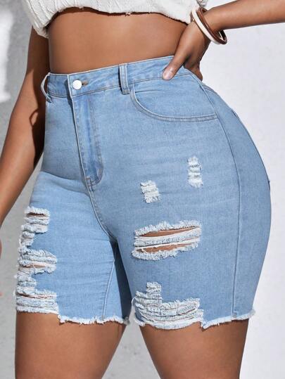 Flexra Plus Size High Waist Ripped Raw Hem Denim Shorts Autumn Outfits For Women Festival Outfits Casual Biker Shorts