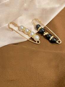 2pcs Colorful Faux Pearl Decor Glitter Clip, Stainless Steel Vintage Clothes Fixed Clip For Household