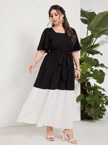 Seusyu 大碼雙色繫腰帶洋裝 - 黑色 - 查看 3