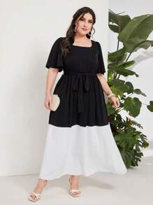 Seusyu 大碼雙色繫腰帶洋裝 - 黑色 - 查看 6