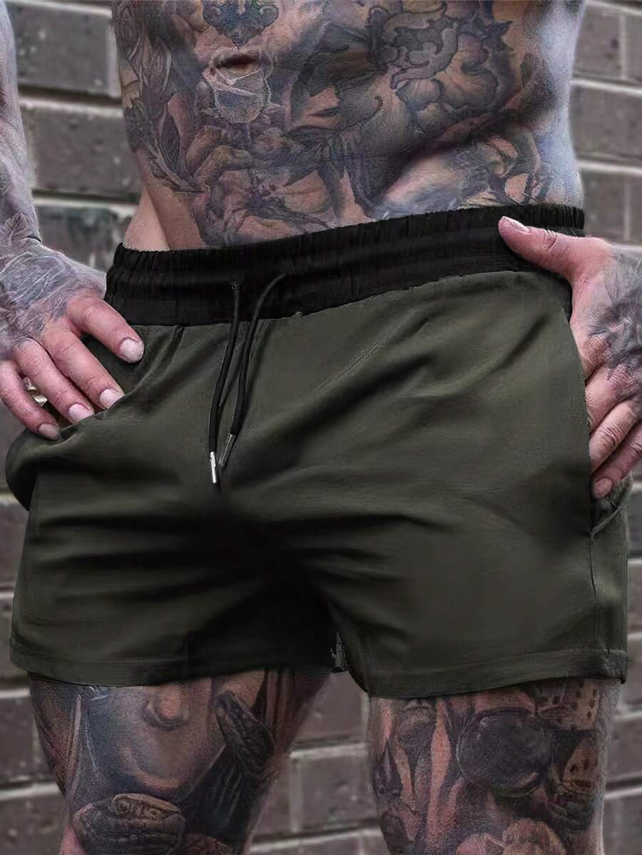 Manfinity LEGND Men Colorblock Drawstring Waist Shorts For Summer - Army Green - View 1