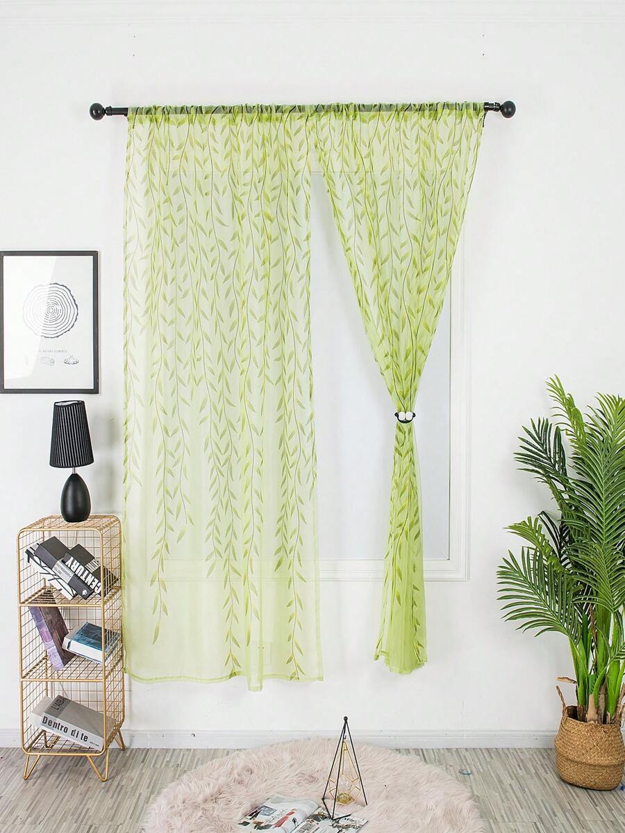 1pc Green Leaf Pattern Sheer Panel, Modern Polyester Light Filtering Sheer Curtain For Home Decor - Green - View 1