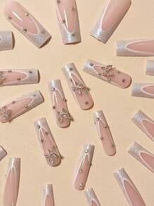 24 chiếc Dài Vuông 3D Hình Bướm Trang Trí Móng Tay Giả & 1 Dũa Móng Tay & 1 Tấm Băng Keo - Nhiều màu - Xem 3