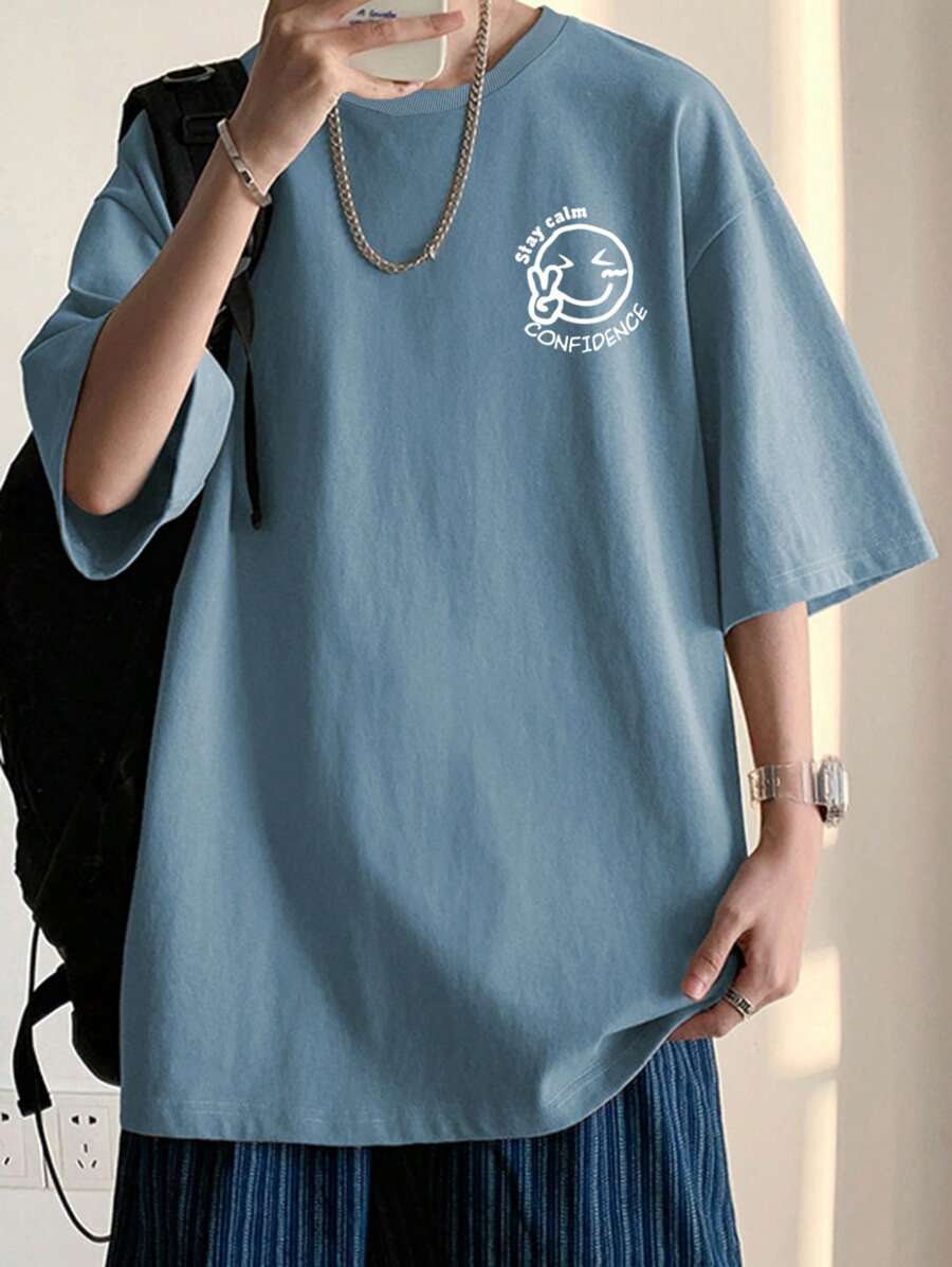 Manfinity Homme Nam Quá lớn Đồ họa Chữ cái Thả vai Áo thun - Màu xanh bụi bặm - Xem 1