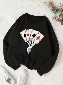 SHEIN EZwear 骷髅圖案加絨內裏運動衫 - 黑色 - 查看 1