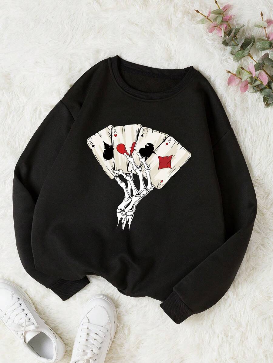 SHEIN EZwear 骷髅圖案加絨內裏運動衫 - 黑色 - 查看 1