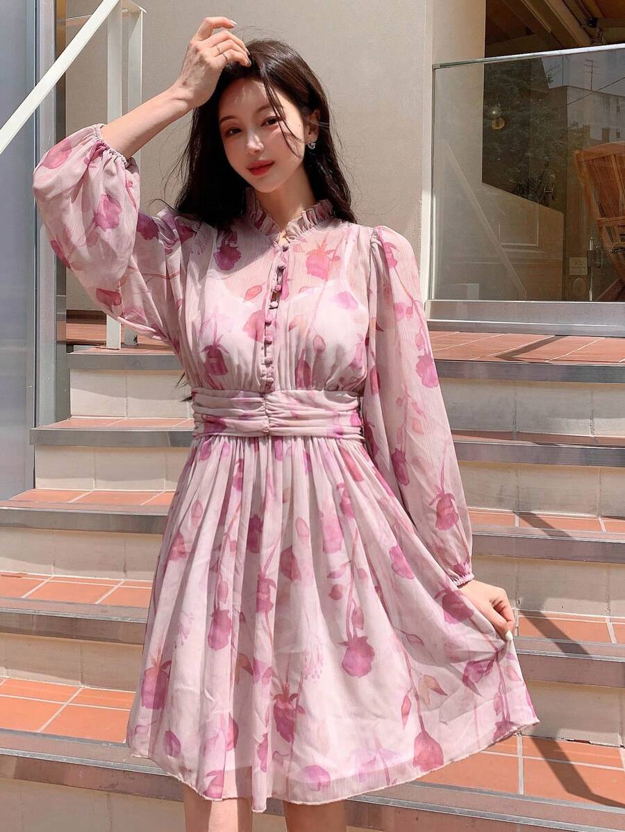 DAZY Floral Print Lantern Sleeve Ruched Waist Dress - Multicolor - View 1