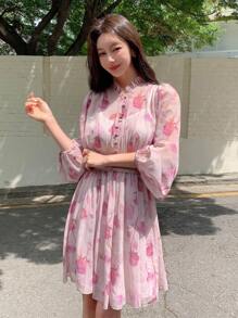 DAZY Floral Print Lantern Sleeve Ruched Waist Dress - Multicolor - View 2