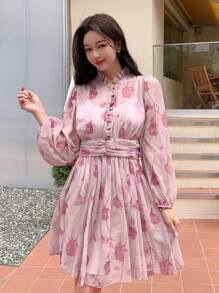DAZY Floral Print Lantern Sleeve Ruched Waist Dress - Multicolor - View 5
