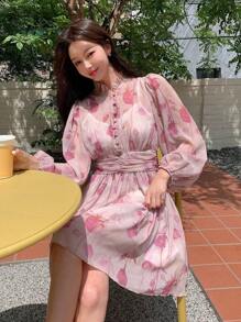DAZY Floral Print Lantern Sleeve Ruched Waist Dress - Multicolor - View 7