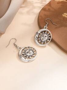 Sun & Moon Decor Drop Earrings - Antique Silver - View 2
