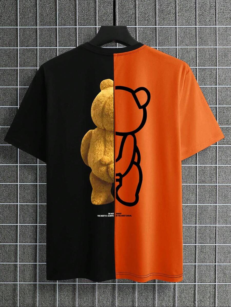 Manfinity Hypemode 男士熊和標語圖案雙色T恤 - 彩色 - 查看 1