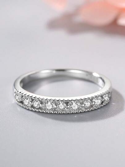 1 pieza Anillo circular apilable de plata de ley 925 con circonita artificial, joyería de compromiso y boda exquisita para mujer