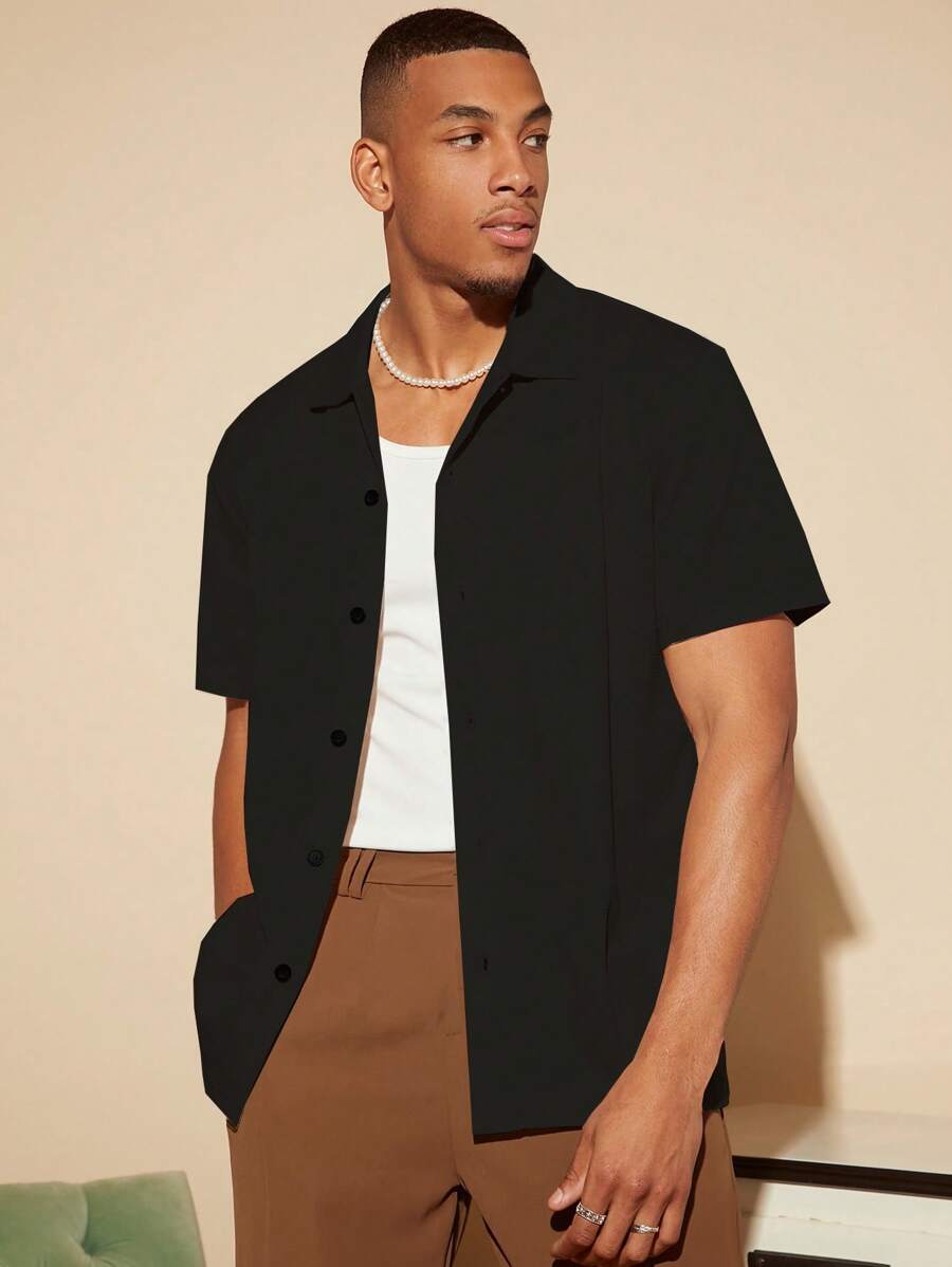 Manfinity Homme 男士素色前紐扣襯衫 - 黑色 - 查看 1