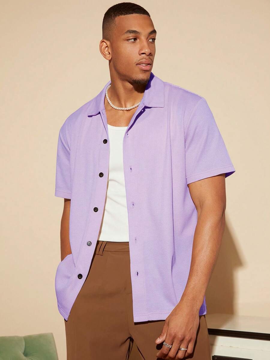 Manfinity Homme Men Solid Button Front Shirt - Purple - View 1