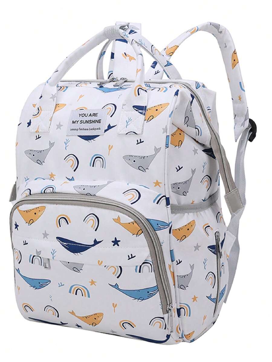 Bebé 1 pieza Mochila bolsa de pañal con diseño de parche de letra con patrón de delfín multifuncional - Multicolor - Ver 1