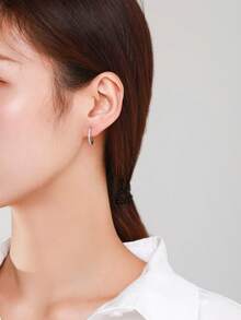 1雙精美方晶鋯石裝飾銀圓耳環適合女士日常裝飾 - 銀色 - 查看 3