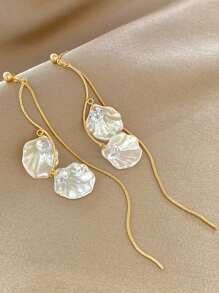 1對女士時尚不銹鋼貝殼吊式耳環適合日常生活 - 金黃色 - 查看 3