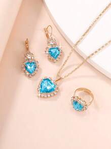 4 cái/bộ Bộ trang sức trang trí trái tim bằng đá rhinestone - Màu xanh nhạt - Xem 2