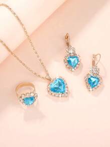 4 cái/bộ Bộ trang sức trang trí trái tim bằng đá rhinestone - Màu xanh nhạt - Xem 3