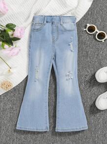 SHEIN Toddler Girls Ripped Flare Leg Jeans - Light Wash - View 1