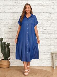 EMERY ROSE Plus Solid Button Front Shirt Dress
