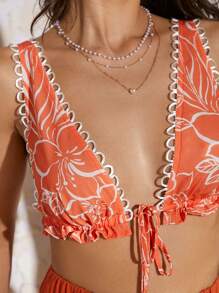 SHEIN VCAY Tropical Print Tie Front Crop Tank Top