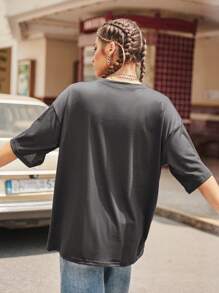 SHEIN EZwear Basketball & Letter Graphic Drop Shoulder Tee - Dark Grey - View 2