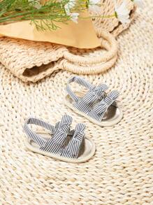 女孩蝴蝶結裝飾條紋圖案織物露跟涼鞋適合夏天 - 黑與白 - 查看 6