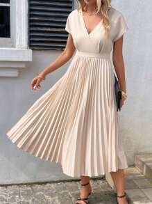 SHEIN Privé 素色A字型百褶下擺連衣裙 - 杏色 - 查看 1