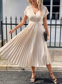 SHEIN Privé 素色A字型百褶下擺連衣裙 - 杏色 - 查看 6