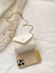 一件式女孩迷你鱷魚圖案毛氈面料翻蓋可愛純色斜挎鏈條包適合日常使用 - 米色 - 查看 5