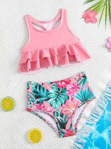 Ropa de playa de verano para niña pequeña con estampado tropical y dobladillo con volantes - Rosa coral - Ver 1