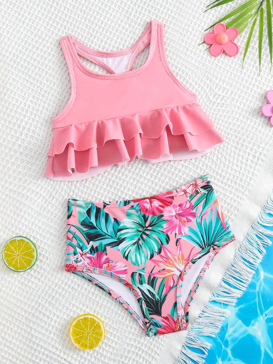 Ropa de playa de verano para niña pequeña con estampado tropical y dobladillo con volantes - Rosa coral - Ver 1