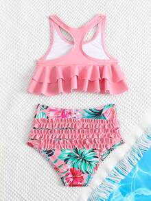 Ropa de playa de verano para niña pequeña con estampado tropical y dobladillo con volantes - Rosa coral - Ver 2