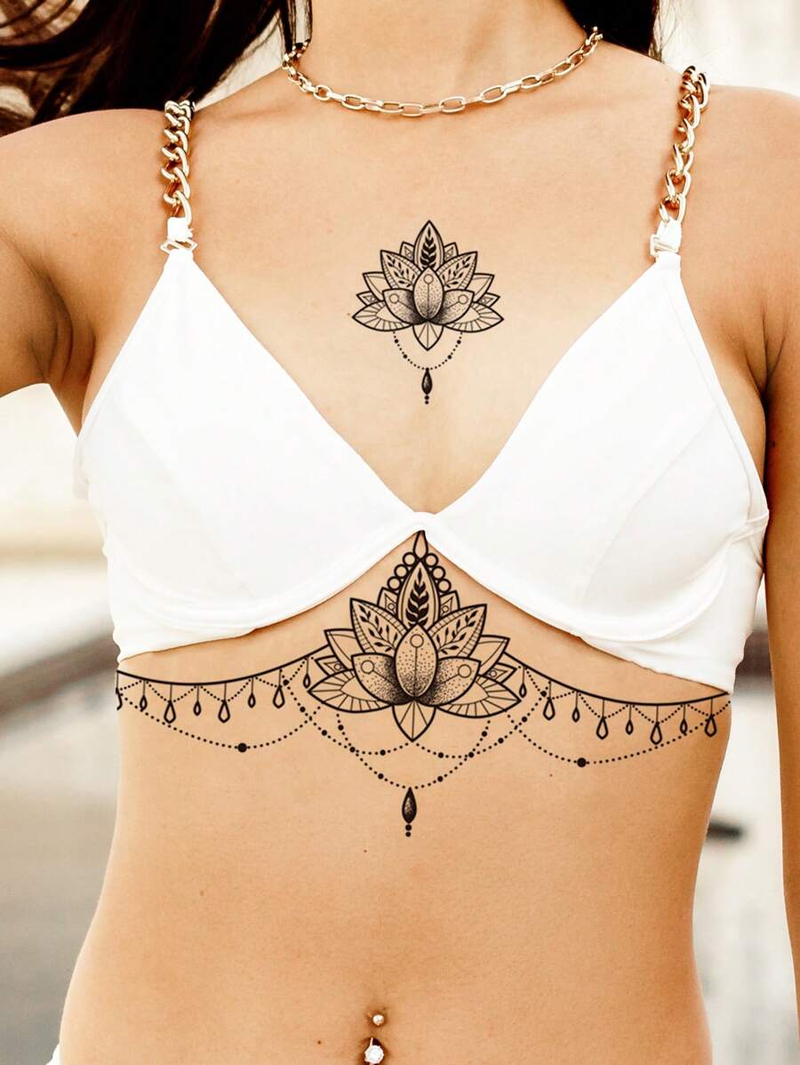 1 pieza de Tatuaje de calcomanía a prueba de agua y sexy con patrones florales de mandala para pecho y cintura,tatuajes maquina para tatuar tatuajes falsos - Verde - Ver 1