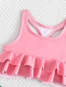 Ropa de playa de verano para niña pequeña con estampado tropical y dobladillo con volantes - Rosa coral - Ver 3