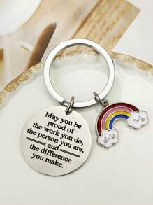 1pc Women Rainbow Pendant Stainless Steel Keychain Encouragement Gift Keyring Set Teacher Students Friends Gift - Silver - View 3