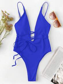SHEIN Swim Summer Beach Plunge Neckline Tie Front One Piece Swimsuit - Royal Blue - View 1