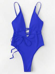SHEIN Swim Summer Beach Plunge Neckline Tie Front One Piece Swimsuit - Royal Blue - View 3