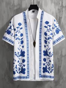 Manfinity RSRT 男士花卉印花鈕扣前衣 - 白色 - 查看 2