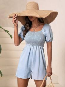 SHEIN VCAY Quần yếm & áo liền quần denim dành cho nữ Dải chun màu trơn Giải trí - Màu xanh nhạt - Xem 1