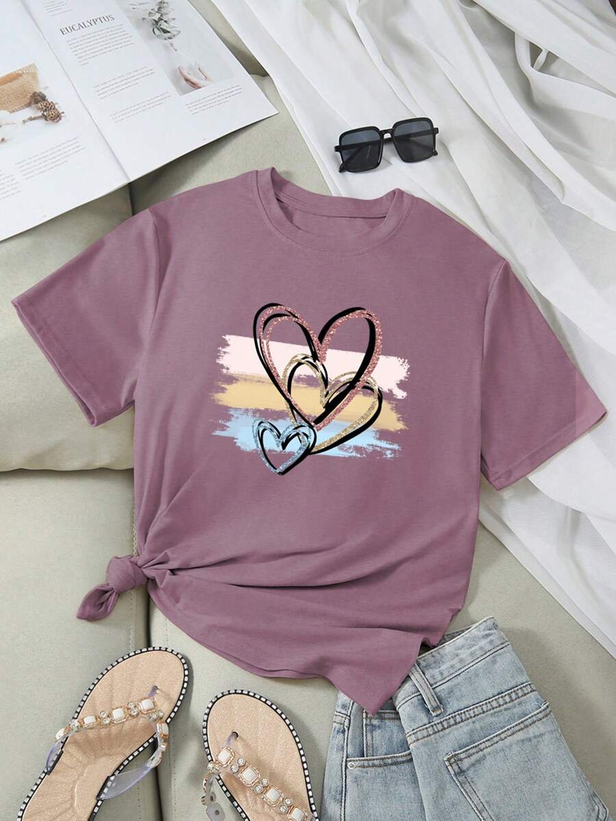 SHEIN LUNE Camiseta con estampado de corazón, camisetas gráficas para mujer - Morado - Ver 1