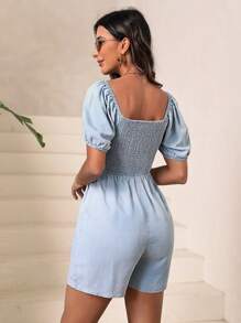 SHEIN VCAY Quần yếm & áo liền quần denim dành cho nữ Dải chun màu trơn Giải trí - Màu xanh nhạt - Xem 3