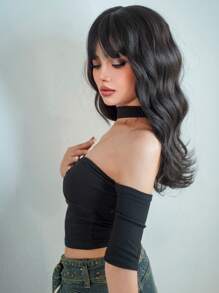 1-Piece Synthetic Heat-Resistant Wig With Bangs In Black-Brown Color, 20 Inches Long, Fully Machine-Woven, Natural And Realistic Medium-Length Curly Wig. - Brown - View 3